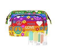 Women Wave Quilt Cosmetic Bag, Zipper Toiletry Storage 10.2x5.9x6.7 in, Pouch Handbag Makeup Case Purse Holder Organizer Print Hippie Peace Signs Flowers Red Hearts Rainbow Color
