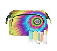 Women Wave Quilt Cosmetic Bag, Zipper Toiletry Storage 10.2x5.9x6.7 in, Pouch Handbag Makeup Case Purse Holder Organizer Print Rainbow Color Swirl Tie Dye