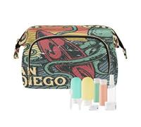 Women Wave Quilt Cosmetic Bag, Zipper Toiletry Storage 10.2x5.9x6.7 in, Pouch Handbag Makeup Case Purse Holder Organizer Print Retro Octopus Kraken Catch Surfboard San Diego
