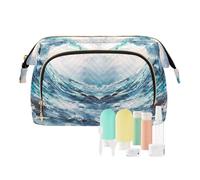 Women Wave Quilt Cosmetic Bag, Zipper Toiletry Storage 10.2x5.9x6.7 in, Pouch Handbag Makeup Case Purse Holder Organizer Print Great Sea Wave Watercolor Painting