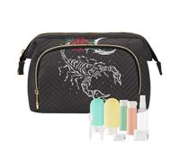 Women Wave Quilt Cosmetic Bag, Zipper Toiletry Storage 10.2x5.9x6.7 in, Pouch Handbag Makeup Case Purse Holder Organizer Print Scorpion Red Rose Flowers Crescent Moon
