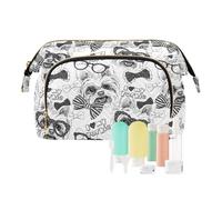 Women Wave Quilt Cosmetic Bag, Zipper Toiletry Storage 10.2x5.9x6.7 in, Pouch Handbag Makeup Case Purse Holder Organizer Print Yorkshire Terrier With Sunglasses Seamless Black White