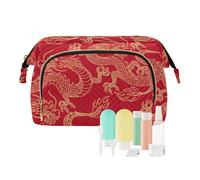 Women Wave Quilt Cosmetic Bag, Zipper Toiletry Storage 10.2x5.9x6.7 in, Pouch Handbag Makeup Case Purse Holder Organizer Print Gold Chinese Dragons On Red Seamless