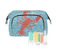 Women Wave Quilt Cosmetic Bag, Zipper Toiletry Storage 10.2x5.9x6.7 in, Pouch Handbag Makeup Case Purse Holder Organizer Print Red Lobster On Turquoise Mosaic Check