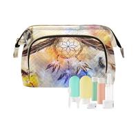 Women Wave Quilt Cosmetic Bag, Zipper Toiletry Storage 10.2x5.9x6.7 in, Pouch Handbag Makeup Case Purse Holder Organizer Print Native American Dream Cather Wolf Eagle Vintage