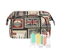 Women Wave Quilt Cosmetic Bag, Zipper Toiletry Storage 10.2x5.9x6.7 in, Pouch Handbag Makeup Case Purse Holder Organizer Print Union Jack, Parliament, Big Ben and London Stamps