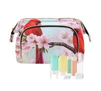Women Wave Quilt Cosmetic Bag, Zipper Toiletry Storage 10.2x5.9x6.7 in, Pouch Handbag Makeup Case Purse Holder Organizer Print Red Cardinal Bird on Branch Almonds Blossom Flowers