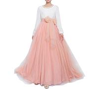 Women Wedding Long Maxi Puffy Tulle Skirt Floor Length A Line with Bowknot Belt High Waisted for Wedding Party Evening, Blush, L-XL