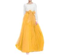 Women Wedding Long Maxi Puffy Tulle Skirt Floor Length A Line with Bowknot Belt High Waisted for Wedding Party Evening, Deep Yellow, L-XL