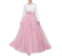 Women Wedding Long Maxi Puffy Tulle Skirt Floor Length A Line with Bowknot Belt High Waisted for Wedding Party Evening Pink (Plus Size,UK 20 to 28w)