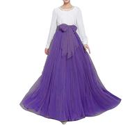 Women Wedding Long Maxi Puffy Tulle Skirt Floor Length A Line with Bowknot Belt High Waisted for Wedding Party Evening, Purple, L-XL