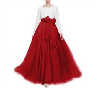 Women Wedding Long Maxi Puffy Tulle Skirt Floor Length A Line with Bowknot Belt High Waisted for Wedding Party Evening (Red, Medium)