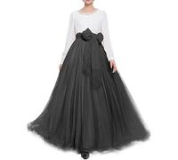 Women Wedding Long Maxi Puffy Tulle Skirt Floor Length A Line with Bowknot Belt High Waisted for Wedding Party Evening, Dark Gray, L-XL