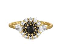Women Wedding Ring, Women's Wedding Ring 9K Yellow Gold Flower with Black White Round Agate Size H 1/2