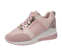 Women Wedge Fashion Sneakers Round Head Breathable Casual Comfortable Outdoor Shoe Thick Sole Lightweight Walking Chunky Platform Leather Sport Sneaker for Adjustable Lace-up (Pink, 6.5)