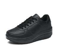 Women Wedge Heeled Fashion Sneaker Faux Leather Platform Shoes Rocker Sole Walking Shoes Lace Up Fitness Shoes Black 6 UK