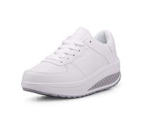 Women Wedge Heeled Fashion Sneaker Faux Leather Platform Shoes Rocker Sole Walking Shoes Lace Up Fitness Shoes White 2 UK