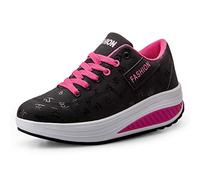Women Wedge Heeled Fashion Sneaker Faux Leather Platform Shoes Rocker Sole Walking Shoes Lace Up Fitness Shoes Black Red 3.5 UK