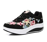 Women Wedge Heeled Fashion Sneaker Faux Leather Platform Shoes Rocker Sole Walking Shoes Lace Up Fitness Shoes Floral Black 5 UK