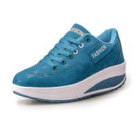 Women Wedge Heeled Fashion Sneaker Faux Leather Platform Shoes Rocker Sole Walking Shoes Lace Up Fitness Shoes Blue 3.5 UK