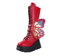 Women Wedge Platform Mid Calf Boots Butterfly Lace Decor Up Gothic Boots | Eye Catching Butterfly Wing Decor Lace Up Front Closure Chunky Wedge Gothic Platform Style Costume Party Footwear