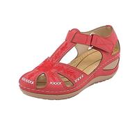 Women Wedge Sandals Embroidery Wide Fit Soft Cushion Closed Toe Comfortable Slippers Summer Walking Lightweight Ladies UK Shoes Beach Holiday Hook Loop Flip Flops Teenager Things (Red, 5)