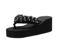 Women Wedge Sandals Pearl Open Toe Chunky Platform Leather Flip Flops with Heels Womens Arch Support Comfortable Dressy Shoes Summer Casual Beach Boho Ladies Slippers UK (Black, 7)