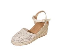 Women Wedge Sandals Wide Fit Boho Linen Braided Summer Shoes Round Toe Adjustable Strap Sandals Non Slip Flat Sole Shoes Casual Hawaii Holiday Slippers (3-Beige, 4.5)