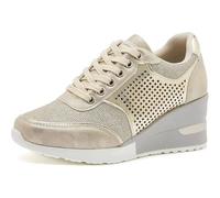 Women Wedge Trainers 3.15" Heel Ladies Lace Up Sneakers Non-Slip Hidden Heel Platform Shoes Walking Wedding Shoes(Gold,4 UK)