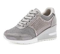 Women Wedge Trainers 3.15" Heel Ladies Lace Up Sneakers Non-Slip Hidden Heel Platform Shoes Walking Wedding Shoes(Grey,4 UK)