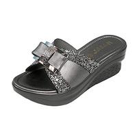 Women Wedges Sandals Sequin Sliders Ladies High Platform Heel Slippers Open Toe Cushion Walk Slipper Slides Sparkly Mules Pavers Slider Anti Slip Comfy Sandal Casual Shoes for Summer Beach Party
