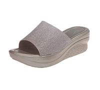 Women Wedges Sandals Sequin Sliders Ladies High Platform Heel Slippers Open Toe Cushion Walk Slipper Slides Sparkly Mules Pavers Slider Anti Slip Comfy Sandal Casual Shoes for Summer Beach Party