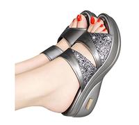 Women Wedges Sandals Sequin Sliders Ladies High Platform Heel Slippers Open Toe Cushion Walk Slipper Slides Sparkly Mules Pavers Slider Anti Slip Comfy Sandal Casual Shoes for Summer Beach Party
