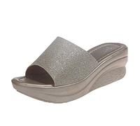 Women Wedges Sandals Sequin Sliders Ladies High Platform Heel Slippers Open Toe Cushion Walk Slipper Slides Sparkly Mules Pavers Slider Anti Slip Comfy Sandal Casual Shoes for Summer Beach Party