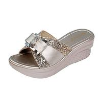 Women Wedges Sandals Sequin Sliders Ladies High Platform Heel Slippers Open Toe Cushion Walk Slipper Slides Sparkly Mules Pavers Slider Anti Slip Comfy Sandal Casual Shoes for Summer Beach Party