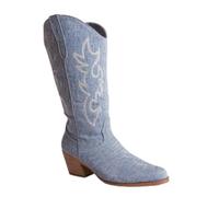 Women Western Cowbow Stitched Pointed Toe Mid-Calf High Chunky Low Heel Boots, Blue Denim, 5.5 UK