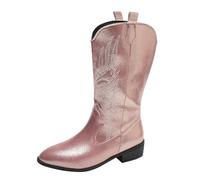 Women Western Cowboy Boots Cowgirl Embroidered Metallic Ankle Boots Pull on Knee High Chunky Heel Pointed Toe Mid Calf Riding Shoes Pink