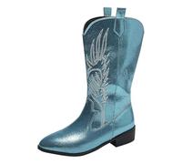 Women Western Cowboy Boots Cowgirl Embroidered Metallic Ankle Boots Pull on Knee High Chunky Heel Pointed Toe Mid Calf Riding Shoes Light Blue
