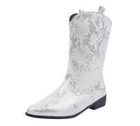 Women Western Cowboy Boots Cowgirl Embroidered Metallic Ankle Boots Pull on Knee High Chunky Heel Pointed Toe Mid Calf Riding Shoes