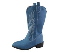 Women Western Cowboy Boots Cowgirl Embroidered Metallic Ankle Boots Pull on Knee High Chunky Heel Pointed Toe Mid Calf Riding Shoes Blue