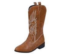 Women Western Cowboy Boots Cowgirl Embroidered Metallic Ankle Boots Pull on Knee High Chunky Heel Pointed Toe Mid Calf Riding Shoes Brown