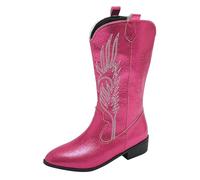 Women Western Cowboy Boots Cowgirl Embroidered Metallic Ankle Boots Pull on Knee High Chunky Heel Pointed Toe Mid Calf Riding Shoes Hot Pink