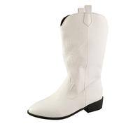 Women Western Cowboy Boots Cowgirl Embroidered Metallic Ankle Boots Pull on Knee High Chunky Heel Pointed Toe Mid Calf Riding Shoes White