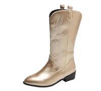 Women Western Cowboy Boots Cowgirl Embroidered Metallic Ankle Boots Pull on Knee High Chunky Heel Pointed Toe Mid Calf Riding Shoes Gold