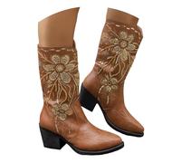 Women Western Cowboy Boots Faux Leather Knee High Pointed Toe Low Chunky Heel Pull On Beads Flower Embroidered Retro Classic Tall Boot Matte Solid Color Country Vintage Boots for Winter