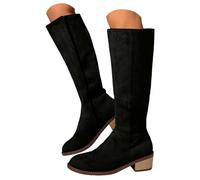 Women Western Cowboy Boots Knee High Pointed Toe Low Block Chunky Heel Pull On Mid Calf Boot Faux Suede Retro Classic Tall Boot Matte Vintage Country Vintage Boots