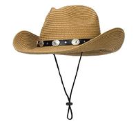 Women Western Cowboy Hat Wide Brim Straw Sun Hat Summer Beach Shapeable Cowgirl Hat with Belt, Khaki-yb, M