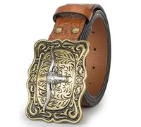 Women-Western-Cowboy-Leather-Belts Turquoise Oval Buckle Embossed Belts, Classical-brown, Suit for 34"-39" Waist