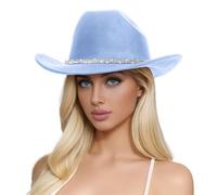 Women Western Shiny Rhinestone Cowboy Hat - Fashion Brown Woolen Cowgirl Hats Rodeo Jazz Fedora Hat with Sparkly Diamond Band for Party Holiday Sky Blue One Size