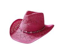 Women Western Style Straw Cowboy Hat Summer Coastal Shapeable Wide Brim Heart Beaded Cowgirl Hats for Beach Vacation (Red, ONE Size)